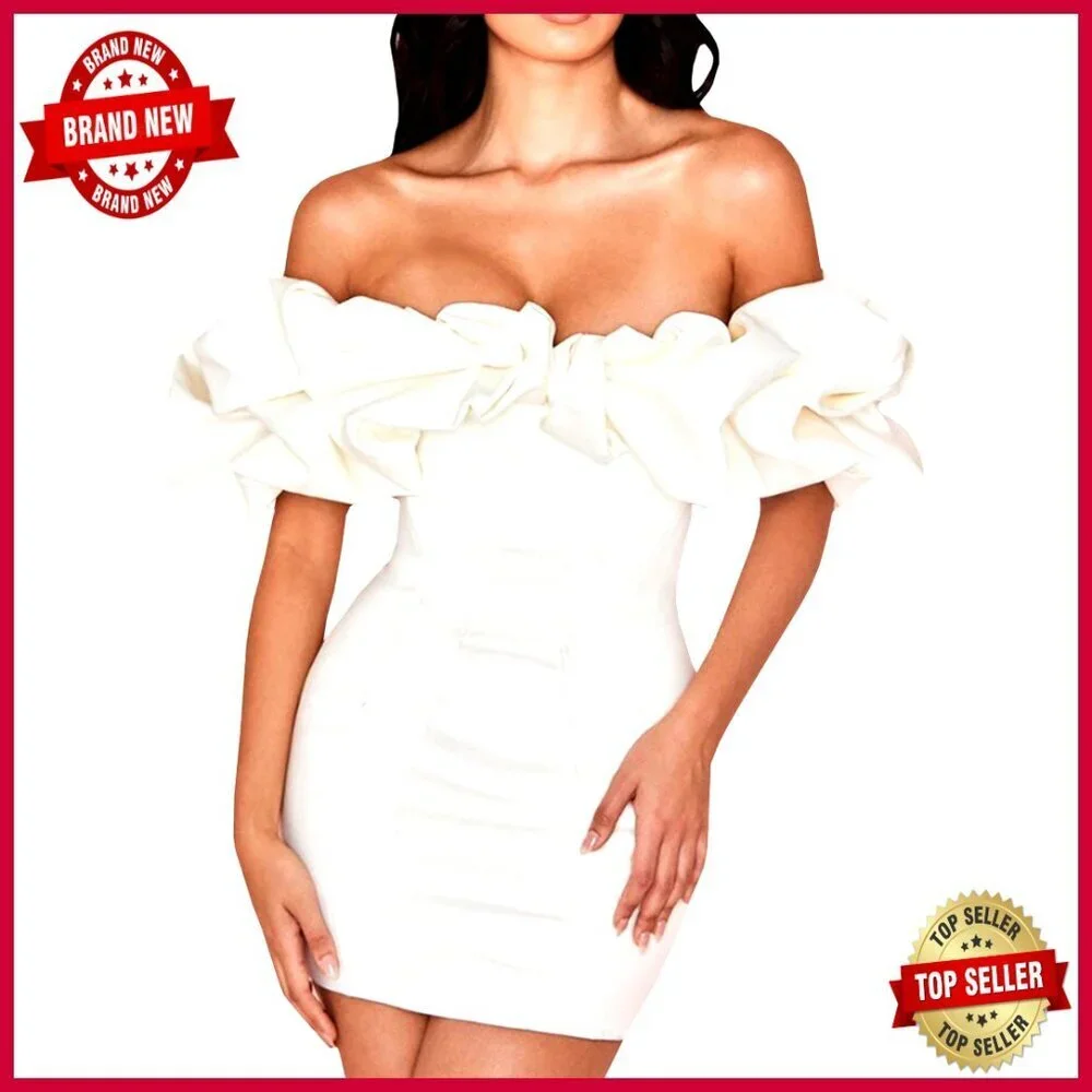 Satin Off Shoulder Bodycon Dress Ruffled Strapless Mini Party Cocktail Elegant